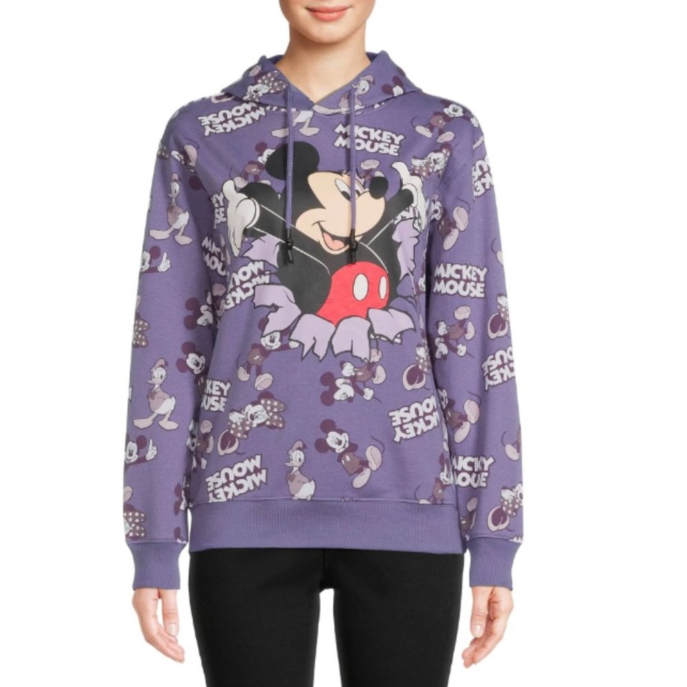 Disney Mickey Mouse Knit Hoodie Sweatshirt All-Over Print Pullover Purple‎ Sz XS
